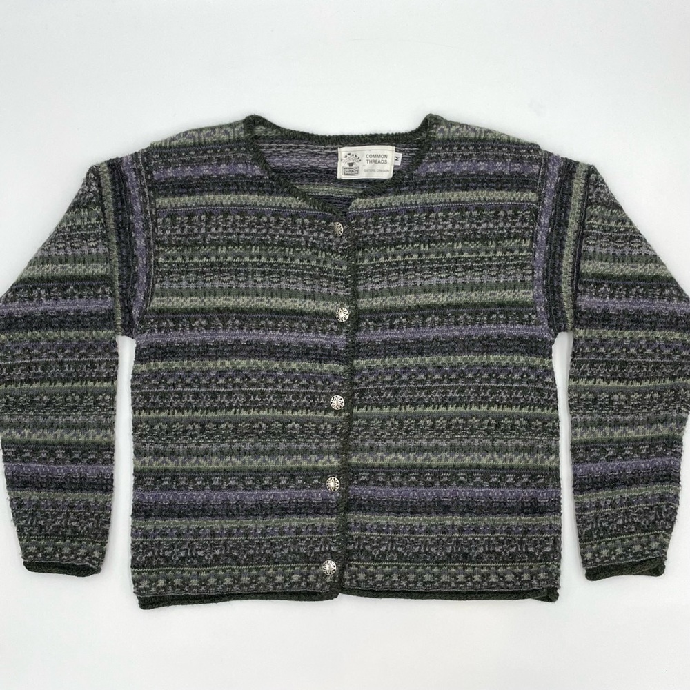 Striped‎ Cardigan Sweater Women Wool Cotton Acrylic Green Purple Unique Buttons
